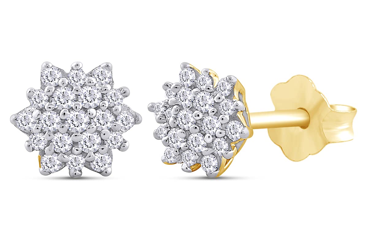 1/10 Carat Round Cut White Natural Diamond Flower Stud Earrings in 14k Gold Plated 925 Sterling Silver - I2-I3 Clarity, I-J Color, 0.10 Cttw - Elegant Jewelry Gift for Women, Perfect for Weddings, Anniversaries & Special Occasions