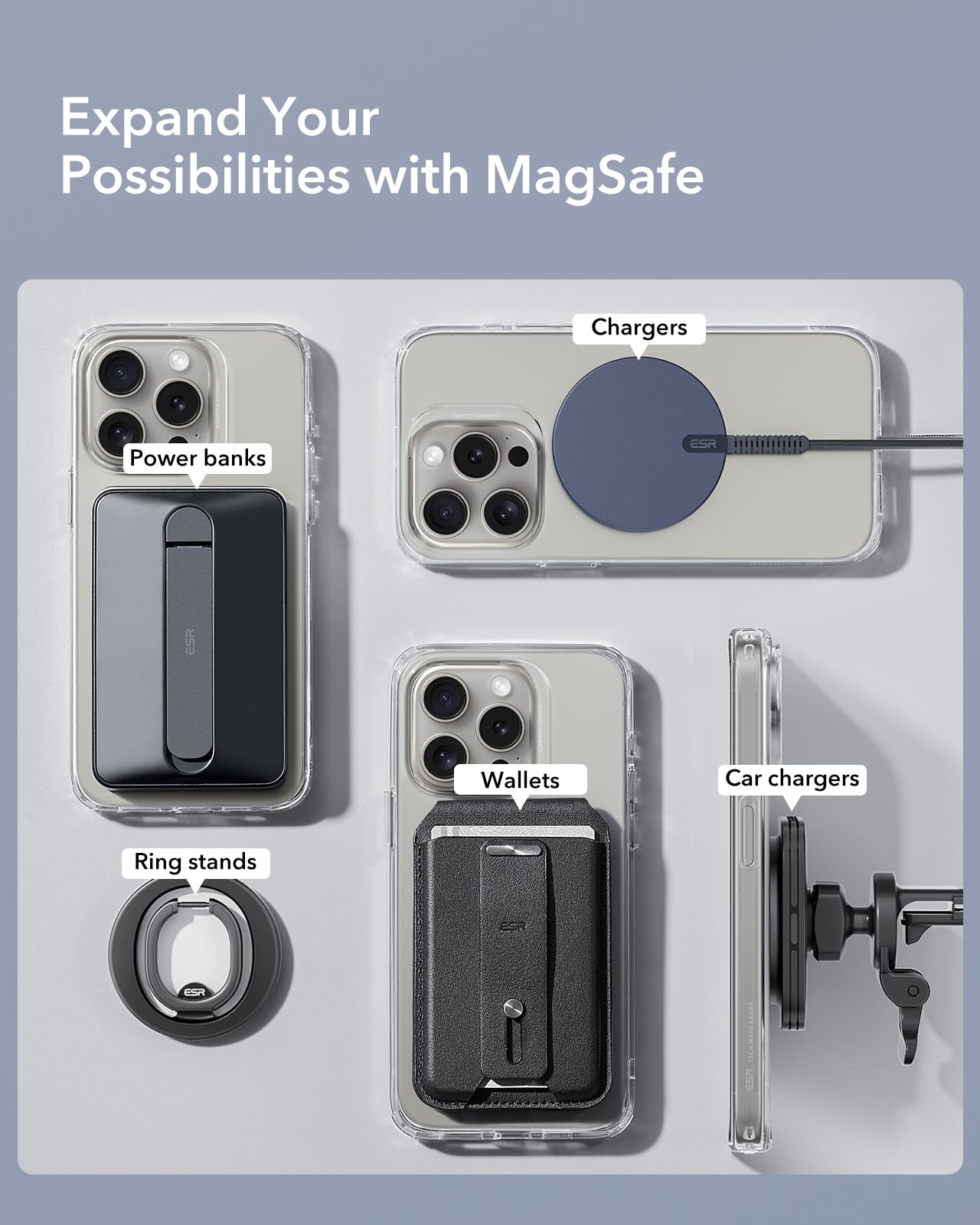 Ultra-Thin 0.4mm ESR MagSafe Ring Sticker - 2 Pack Universal Magnetic Wireless Charger Conversion Kit for iPhone 16/16e/15/14/13/12 & Galaxy S24/S23 - Perfect for Home, Office & Travel Use - Black & Silver MagSafe Accessories