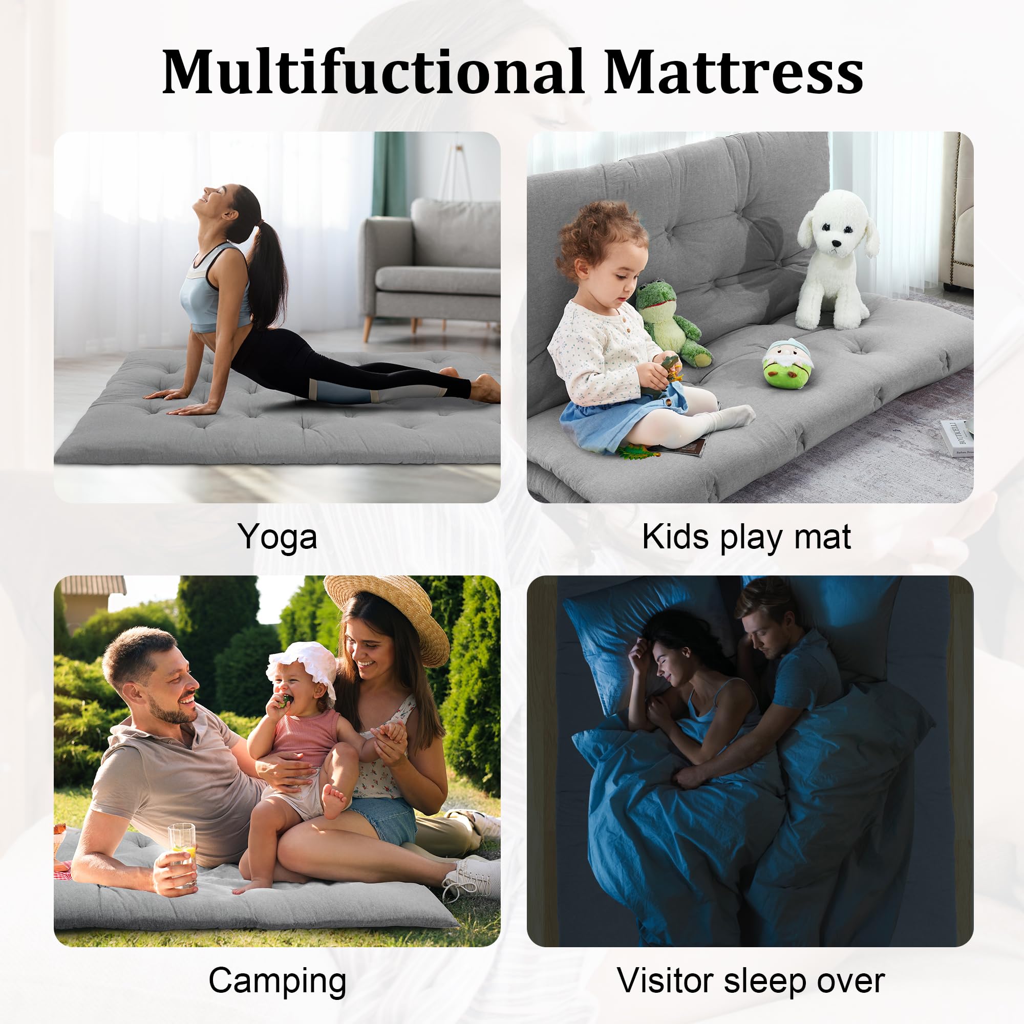 Japanese Floor Mattress Twin Size - Foldable Tatami Mat with 100% Cotton Shell - Futon Mattress & Dorm Sleeping Pad - Roll Up Floor Lounger Bed for Adults & Kids (Grey, 80