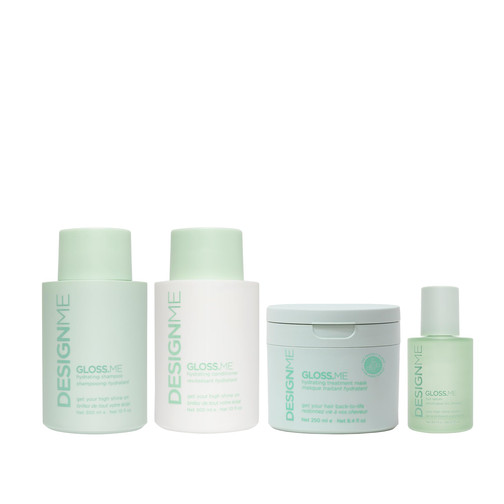 DESIGNME GLOSS.ME Hydrating & Shine Hair Care System - Sulfate Free Shampoo, Conditioner for Dry Hair, Hair Serum & Mask with Hemp & Argan Oil - Strengthens, Softens & Adds Shine - Perfect for Damaged, Frizzy or Color-Treated Hair - Salon Quality Treatment at Home