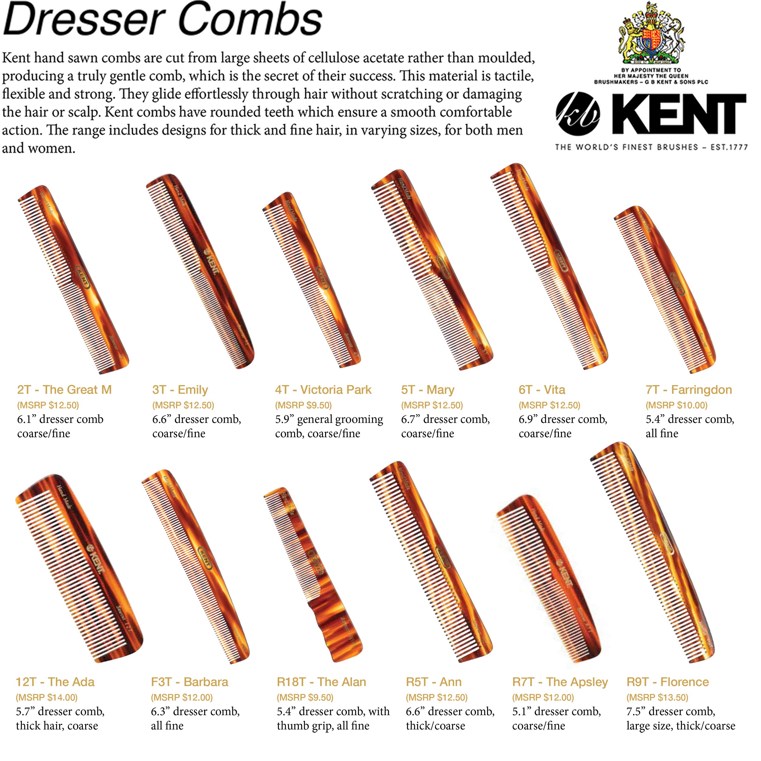 Kent 6T Fine & Wide Tooth Hair Comb Set - Handmade Styling Comb for Men, Women & Kids - Professional Barber & Beard Grooming Tool for Detangling, Styling & Hair Care - Perfect for Home, Salon & Travel Use