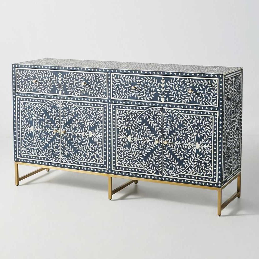 Handmade Blue Bone Inlay Floral Design Buffet Table - 4 Doors & 2 Drawers - Vintage Boho Dining Room Furniture for Home Decor & Entertaining