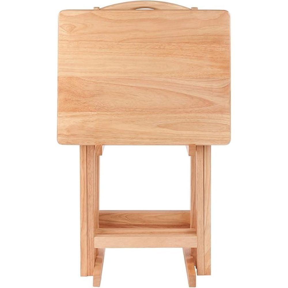 5-Piece Wooden Alex Snack Table Set - Folding TV Tray, Portable Laptop Stand, Compact Gaming Desk - Space Saving, Sturdy & Lightweight for Living Room, Bedroom, Office - Natural Finish - Perfect for Snacking, Working, Studying & Gaming