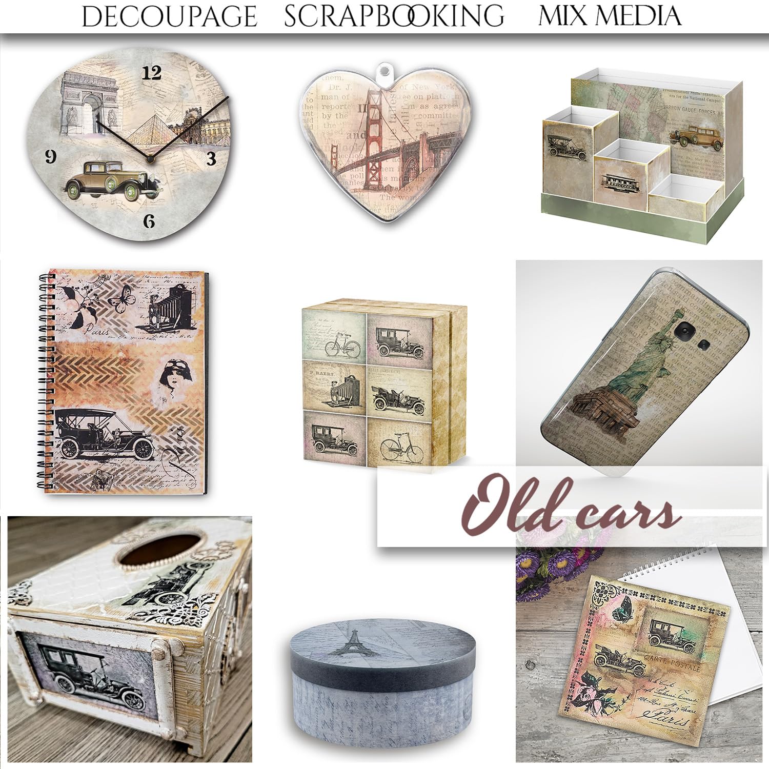 Vintage Car Design Rice Paper - 29.7 x 21 cm (11.7 x 8.3 inches) for Scrapbooking, Art Projects & Calligraphy Practice