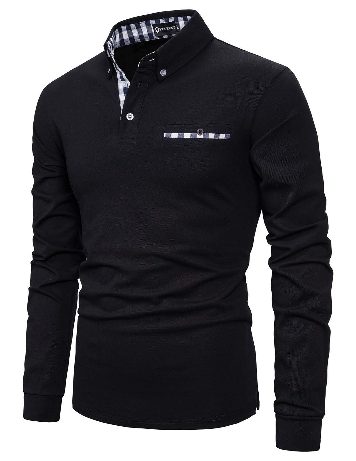 YCUEUST Men's Long Sleeve Polo Shirt - Casual Plaid Collar T-Shirt for Work, Golf & Everyday Wear | Comfortable Cotton Blend Top for Business Casual & Outdoor Activities