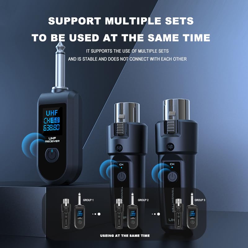 2.4Ghz Wireless Microphone System with XLR - Rechargeable Transmitter & Receiver for Dynamic Mics, Audio Mixers, Electric Guitar & Bass (1 Receiver + 2 Transmitters) - Perfect for Live Performances, Studio Recording & Public Speaking