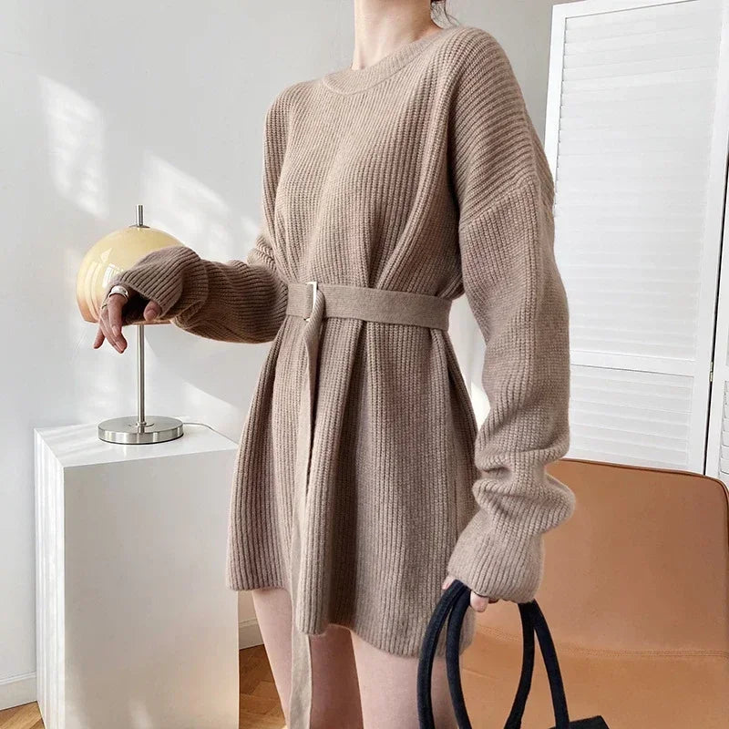 Women's Long Knit Sweater Dress - Oversized Winter Pullover with Belt, Korean Fashion, Thick O-Neck Design for Autumn & Winter | Perfect for Casual Outfits, Office Wear & Holiday Parties