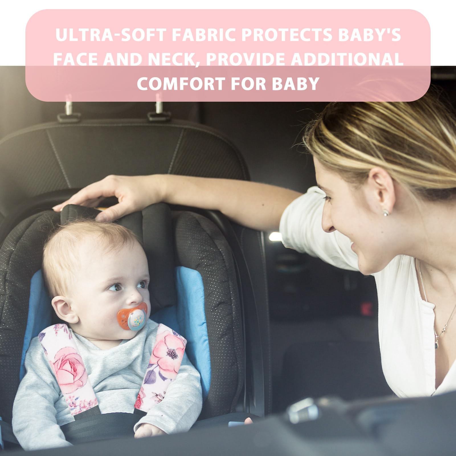 Soft Mink Car Seat Strap Covers for Babies - Pink Floral Shoulder Pads for Girls, Comfortable and Safe for Long Car Rides and Daily Commutes