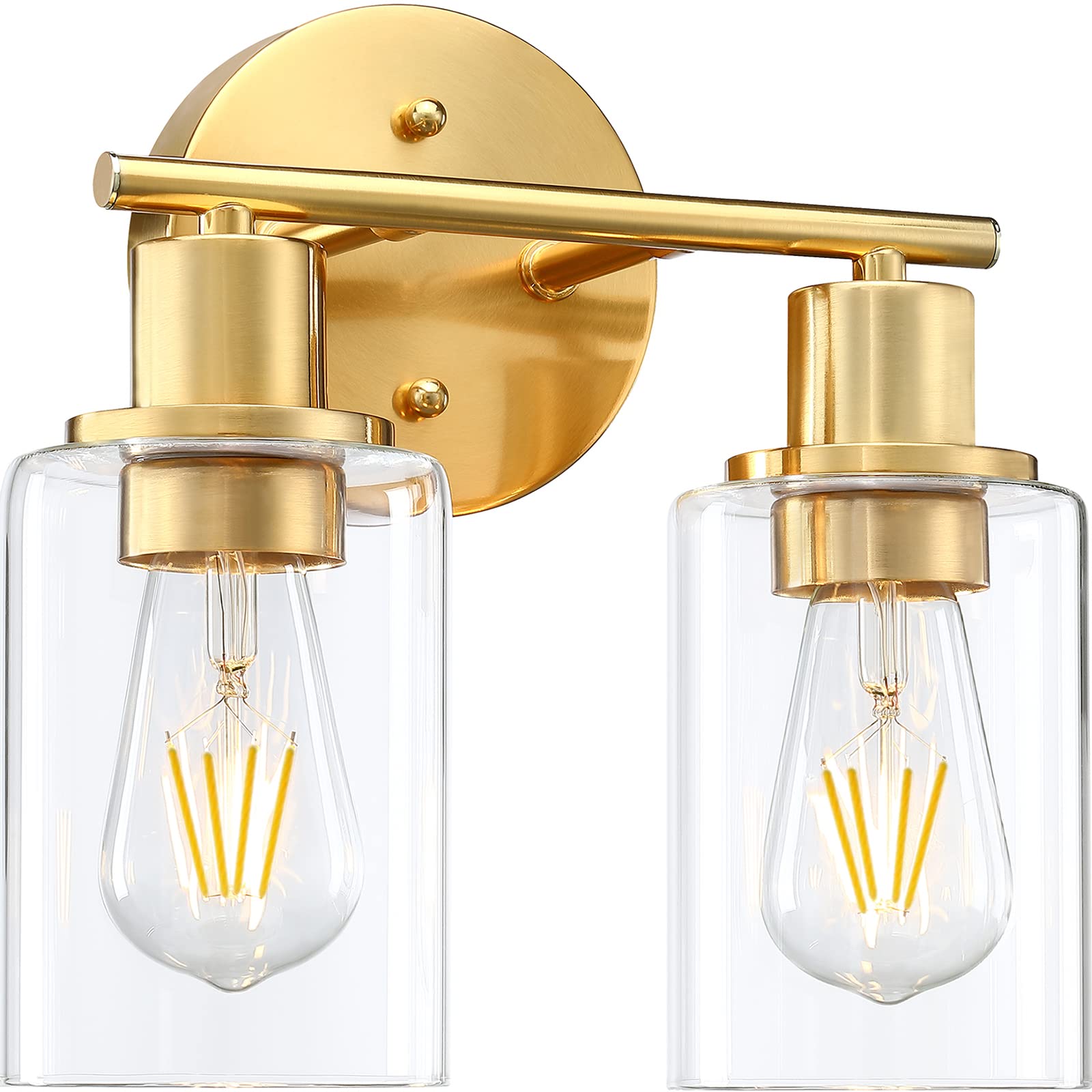 2-Light Gold Bathroom Vanity Light Fixture with Clear Glass Shades - Wall Sconce for Mirror Lighting in Bathroom, Bedroom, Living Room & Hallway | Modern Vanity Lighting for Home Decor