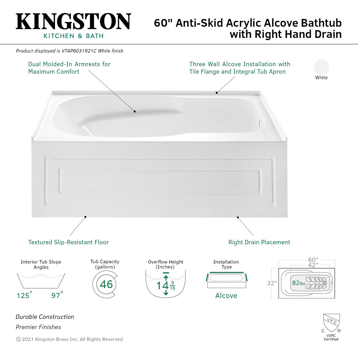Aqua Eden VTAP6031R21C 60-Inch Acrylic Rectangular 3-Wall Alcove Bathtub with Anti-Skid Surface, Right-Hand Drain, Glossy White - Perfect for Modern Bathrooms & Spa-Like Relaxation