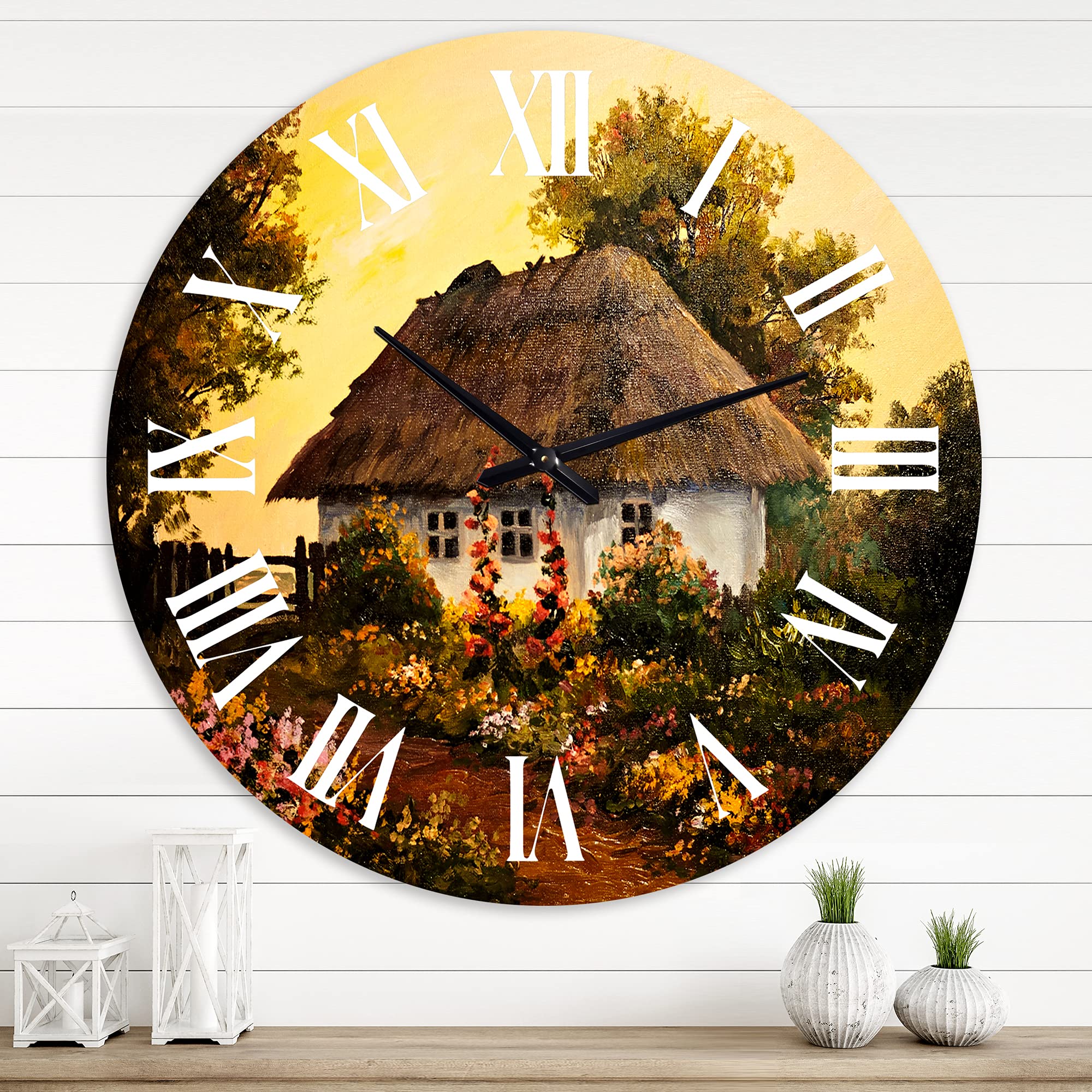 DesignQ Traditional Wall Clock - Autumn Sunset Cottage Floral Botanical Large Wall Clock for Kitchen, Living Room, Bedroom Decor | Perfect for Farmhouse, Vintage & Rustic Home Décor