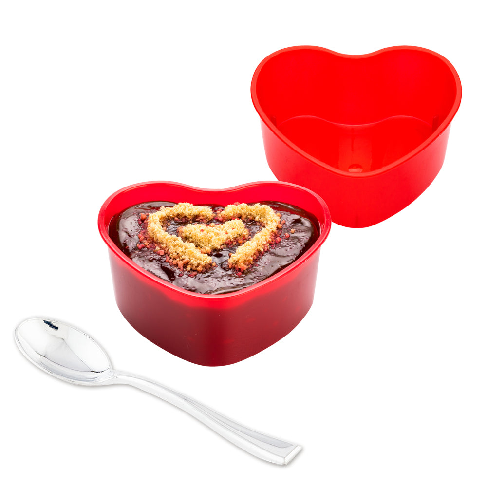 100 Pack 5 oz Red Plastic Mini Heart Cups with 100 Silver Plastic Mini Spoons - Perfect for Valentine's Day Parties, Wedding Favors, Baby Showers & Dessert Serving