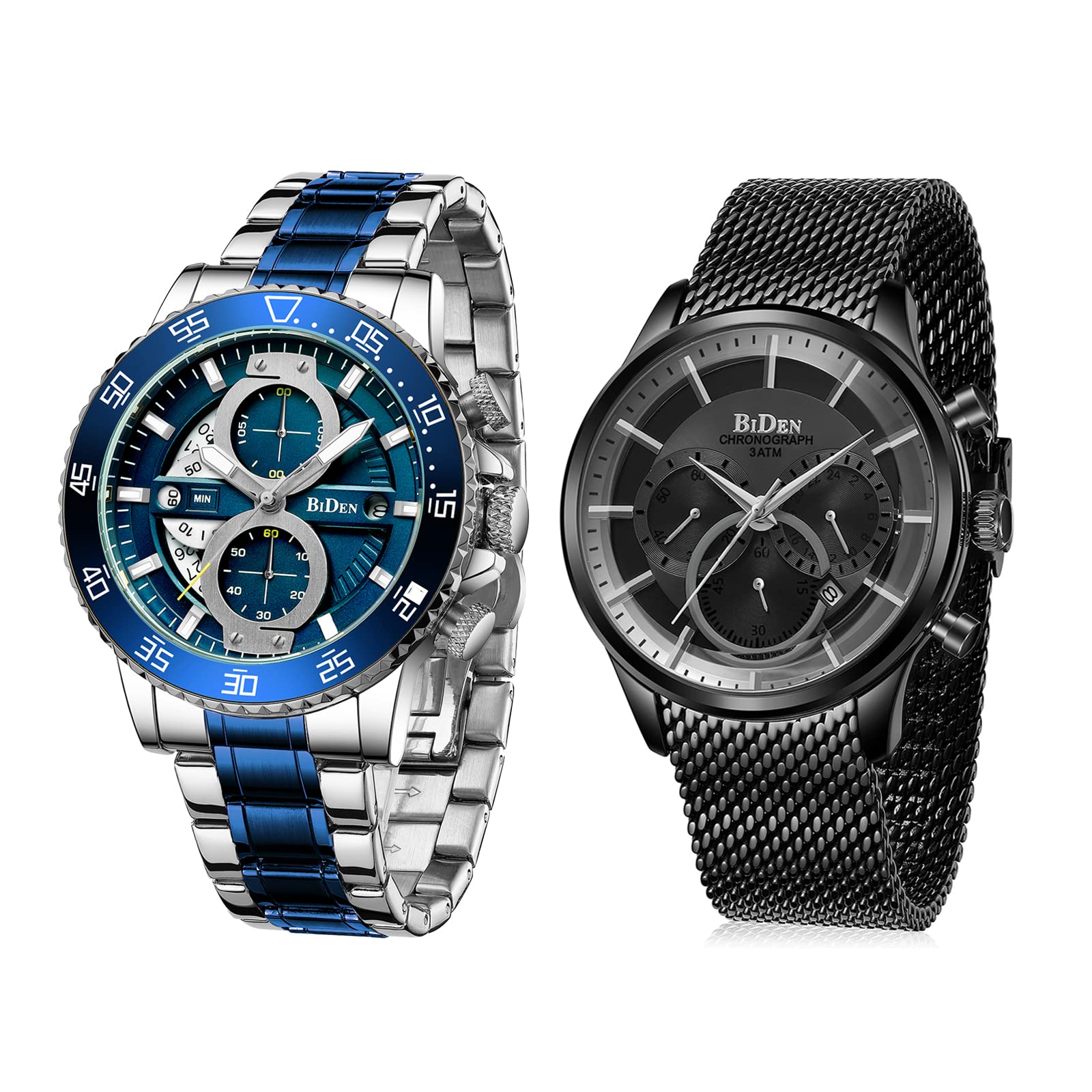Men's Chronograph Watches 2-Pack Set - Stainless Steel Waterproof Analog Quartz Date Wristwatch for Business & Fashion | Classic Design for Office, Formal Events & Daily Wear
