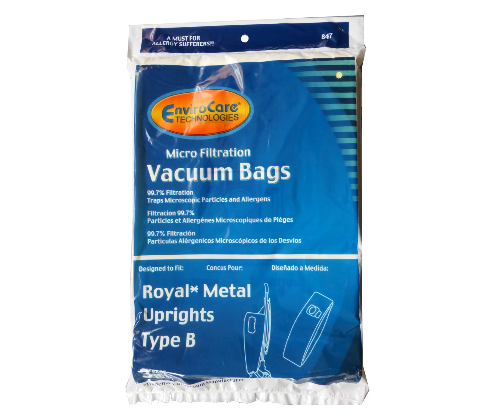EnviroCare 3 Royal Metal Uprights Type B Microfiltration Anti-Allergen Vacuum Cleaner Bags - HEPA Filter Replacement for Dust Mites, Pet Dander & Pollen - Perfect for Allergy Sufferers & Homes with Pets