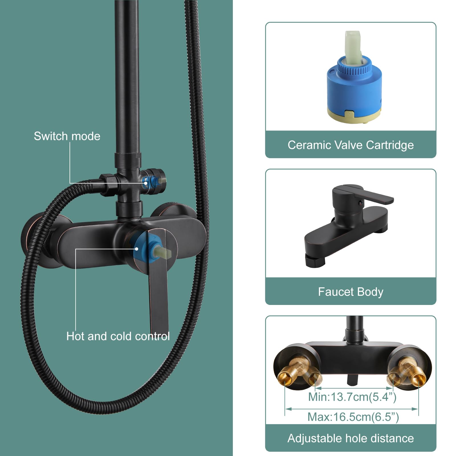 Oil Rubbed Bronze Exposed Pipe Shower System - 8 Inch Rainfall Shower Head & Handheld Sprayer Combo Set - Single Handle Brass Bathroom Faucet with Dual Functions - Perfect for Modern & Vintage Bathroom Renovations