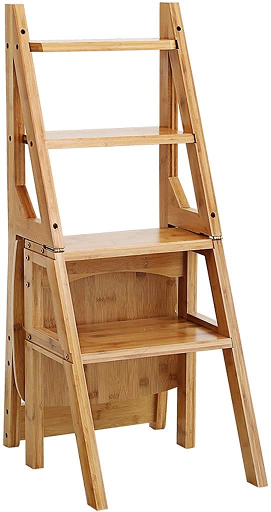 Multifunctional 4-Step Bamboo Library Ladder Stool - Foldable Wooden Step Stool Chair for Home, Kitchen & Dining (Yellow Brown, 35x46x88cm) | Perfect for Reaching High Shelves, Kitchen Storage & Extra Seating