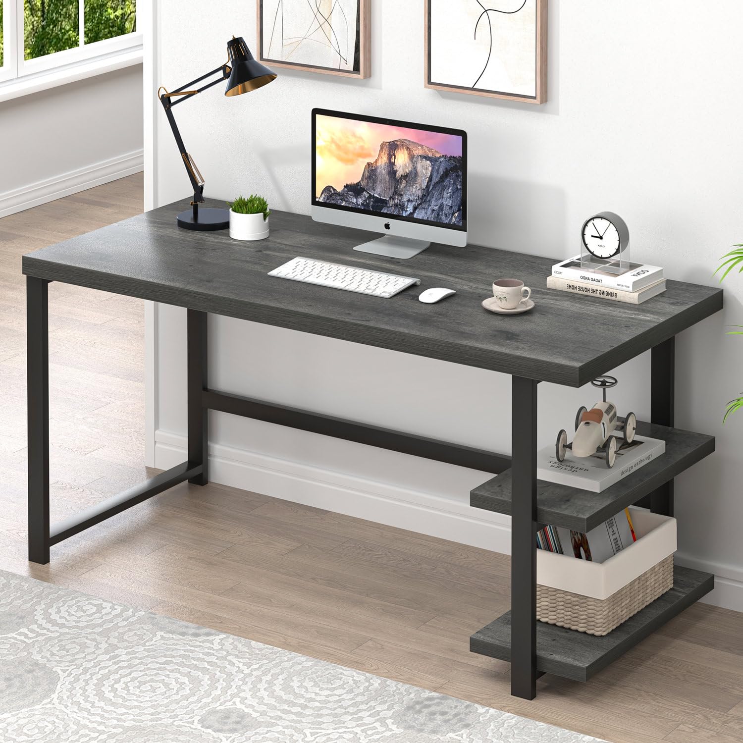 EXCEFUR 53 Inch Industrial Computer Desk with Storage Shelves - Sturdy Wood Study Writing Table for Home Office, Bedroom & Living Room - Grey | Perfect for Remote Work, Gaming & Study Spaces