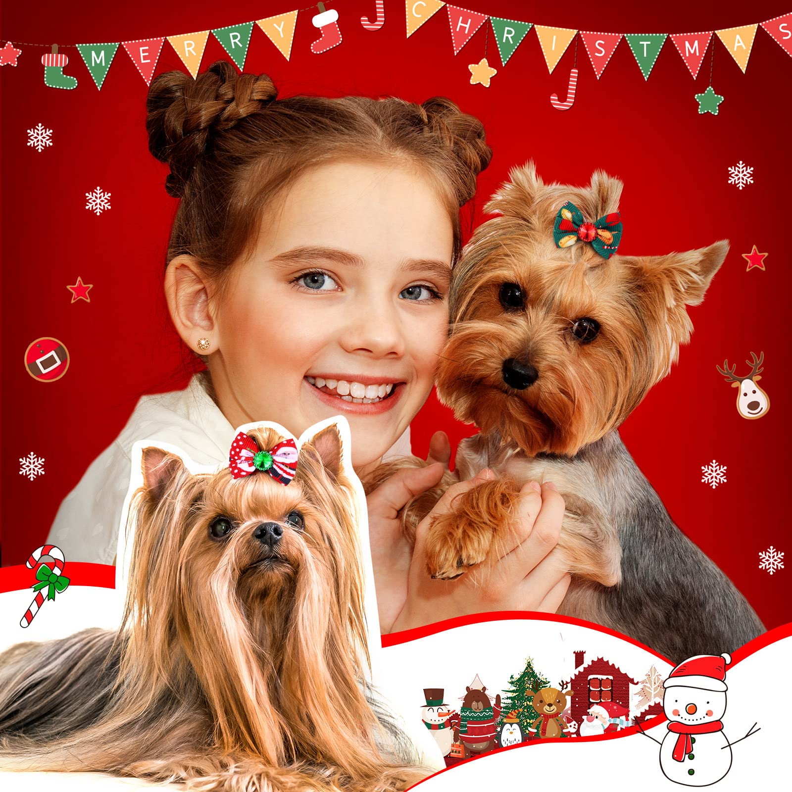 Tondiamo 100 Pack Christmas Dog Bows - Festive Rhinestone Hair Bows with Rubber Bands for Puppies & Dogs | Santa, Christmas Tree, Elk & Snowflake Designs | Perfect for Holiday Grooming, Pet Photos & Christmas Parties