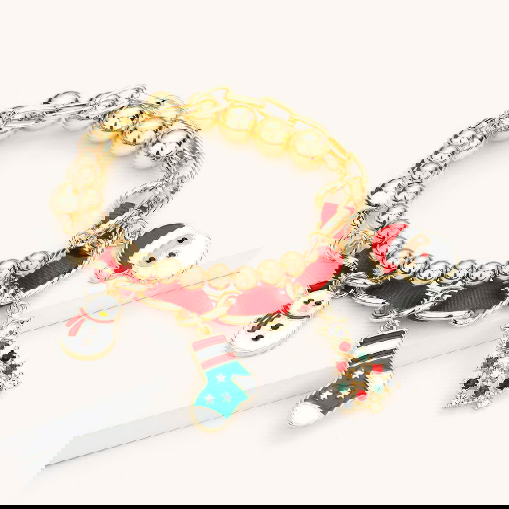 Christmas Theme Enamel Red Ribbon Charm Stretch Bracelets - Festive Holiday Jewelry for Women & Girls - Perfect for Christmas Parties, Gifts & Holiday Outfits