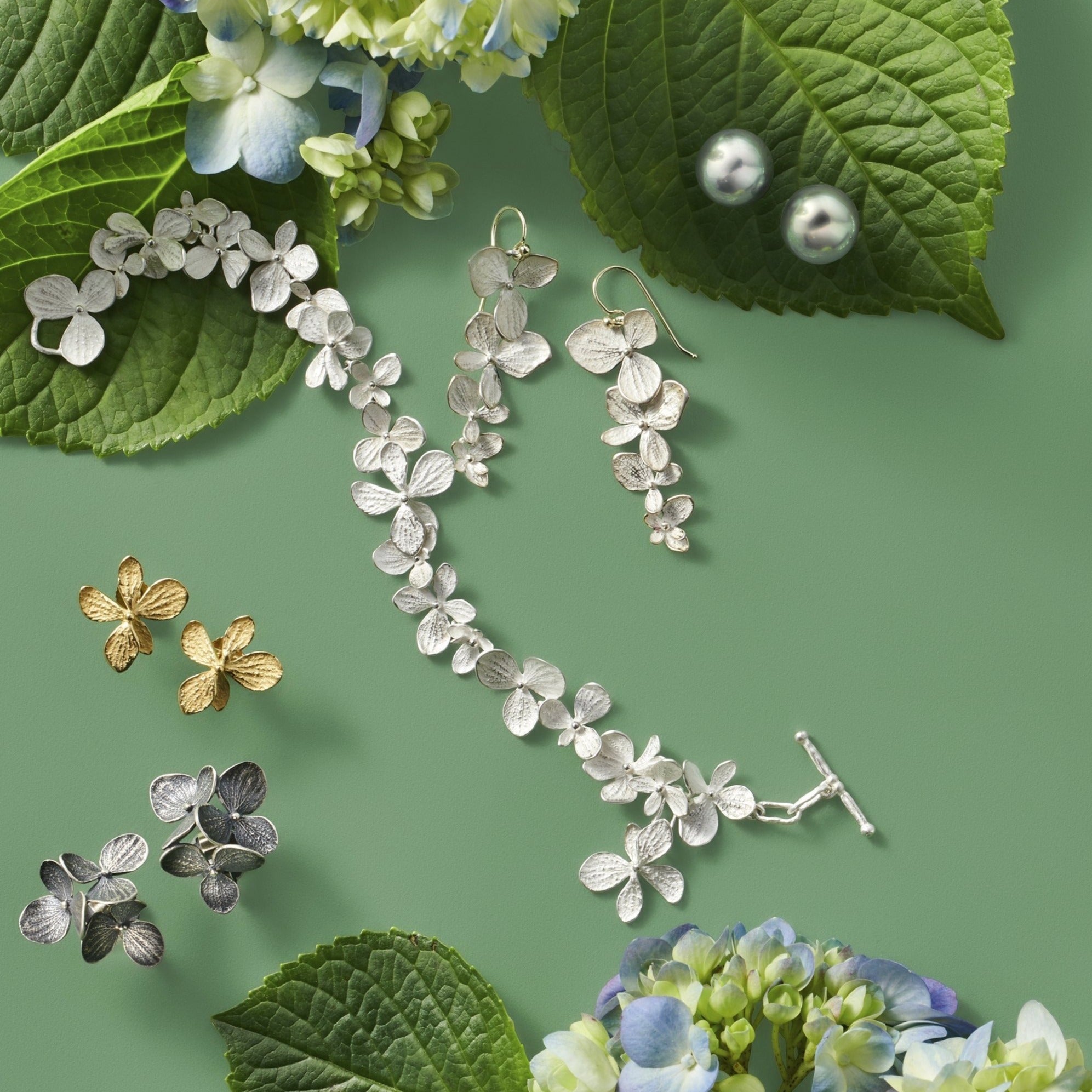 Silver 4-Part Hydrangea Drop Earrings for Women - Elegant Floral Dangle Earrings for Wedding, Party & Special Occasions