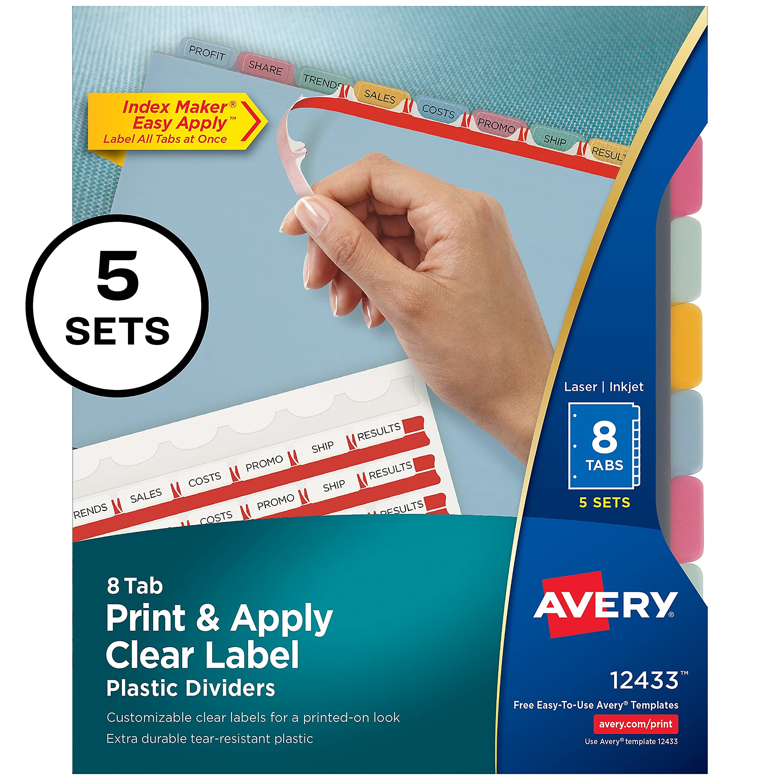 Avery 12433 Index Maker Translucent Dividers - 8 Tabs per Color, Letter Size, 5 Sets per Pack - Perfect for Office Filing, School Projects & Document Organization