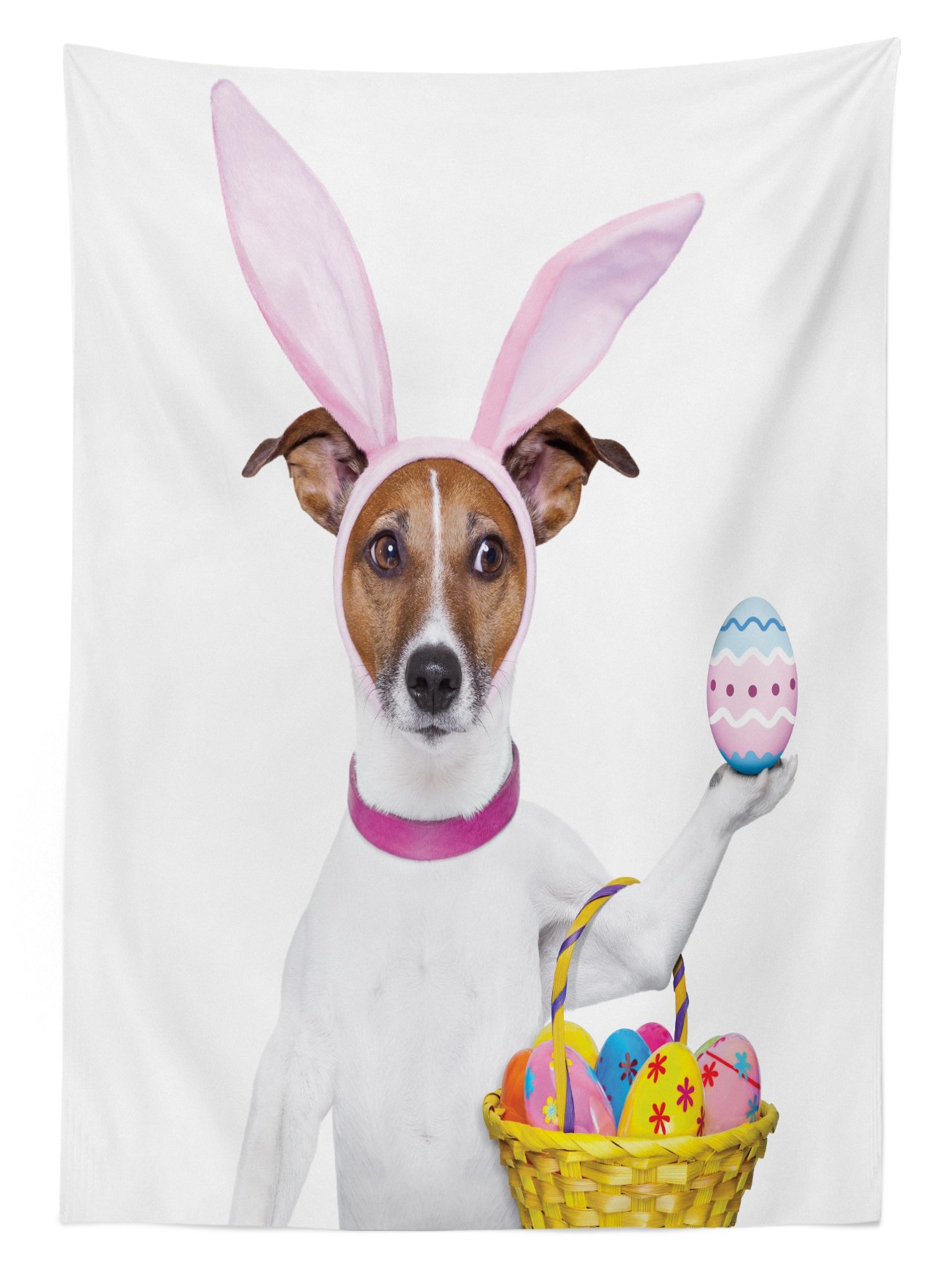 Ambesonne Easter Tablecloth - Funny Dog Dressed as Bunny with Egg Basket Design | Washable Outdoor Picnic Table Cover 58x120 Inches | Perfect for Easter Brunch, Garden Parties & Spring Decorations