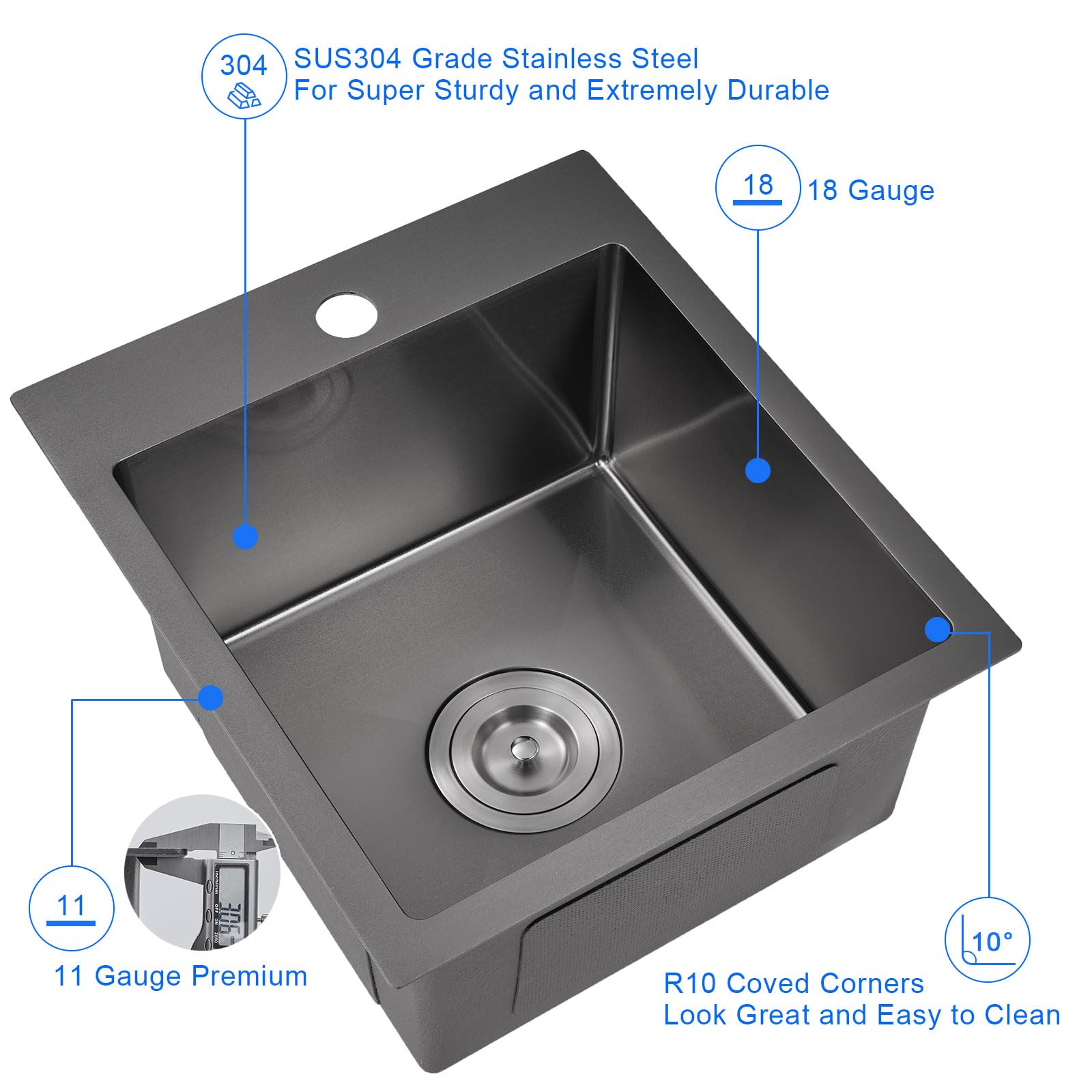 15 x 17 Inch Drop-in Kitchen Sink - 18 Gauge Stainless Steel Single Bowl with Single Faucet Hole - Topmount Bar & Prep Sink (Black) - Perfect for Small Kitchens, RV Campers & Food Prep Stations