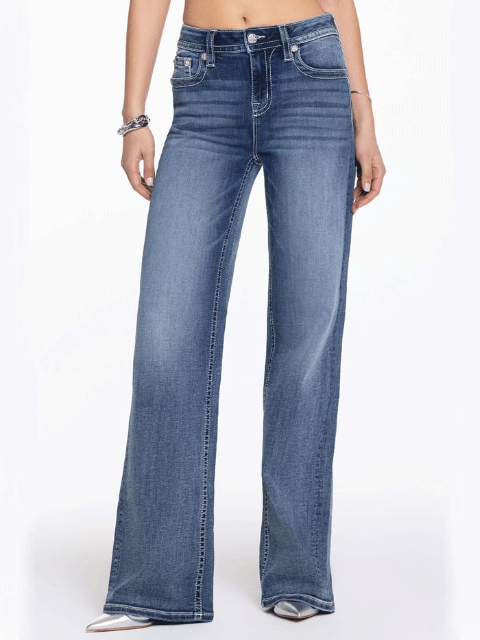 Miss Me H9478W2L Women's Maya Logo Wide Leg High Rise Jeans - Medium Wash Denim Pants for Casual Wear & Everyday Outfits