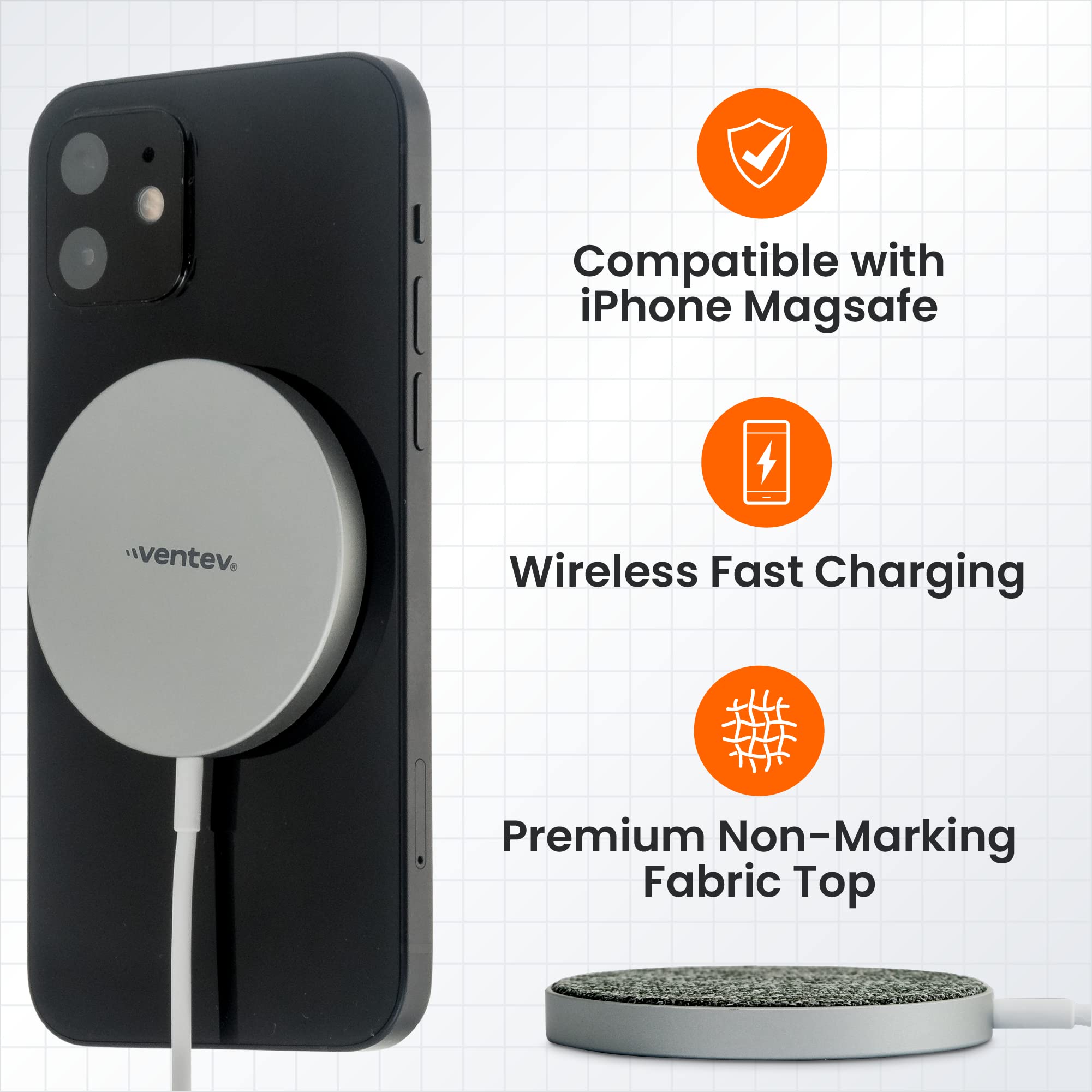 Ventev Wireless Magnetic Fast Charger | MagSafe Charger Compatible with iPhone 14/13/12 & Samsung Galaxy S23/S22 | Qi-Certified Charging Pad for Phones, AirPods | Perfect for Home, Office & Car Use