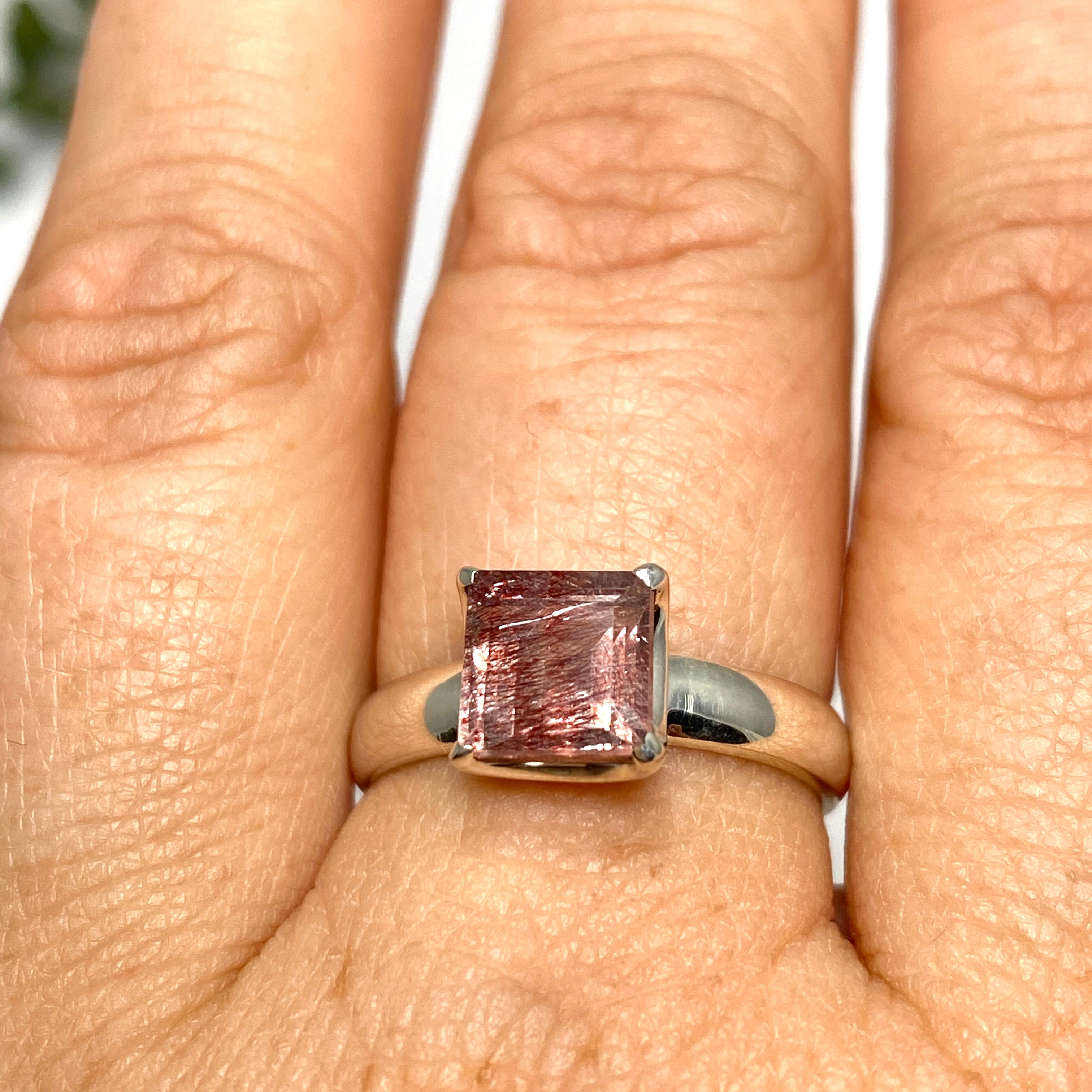 Lepidicrocite in Quartz - Square Faceted Ring Size 7.5 - Natural Inclusion Quartz Jewelry - Perfect for Boho Fashion & Crystal Healing