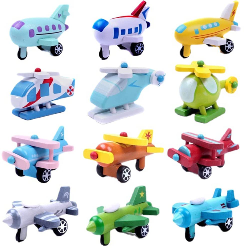 12-Piece Wooden Airplane Model Playset - Mini Push Planes for Toddlers 1-3 Years | Early Learning Educational Toys for Boys & Girls | Perfect Birthday Gift & Reward for Preschool Kids | Great for Pretend Play, Travel Toys & Montessori Classroom Activities