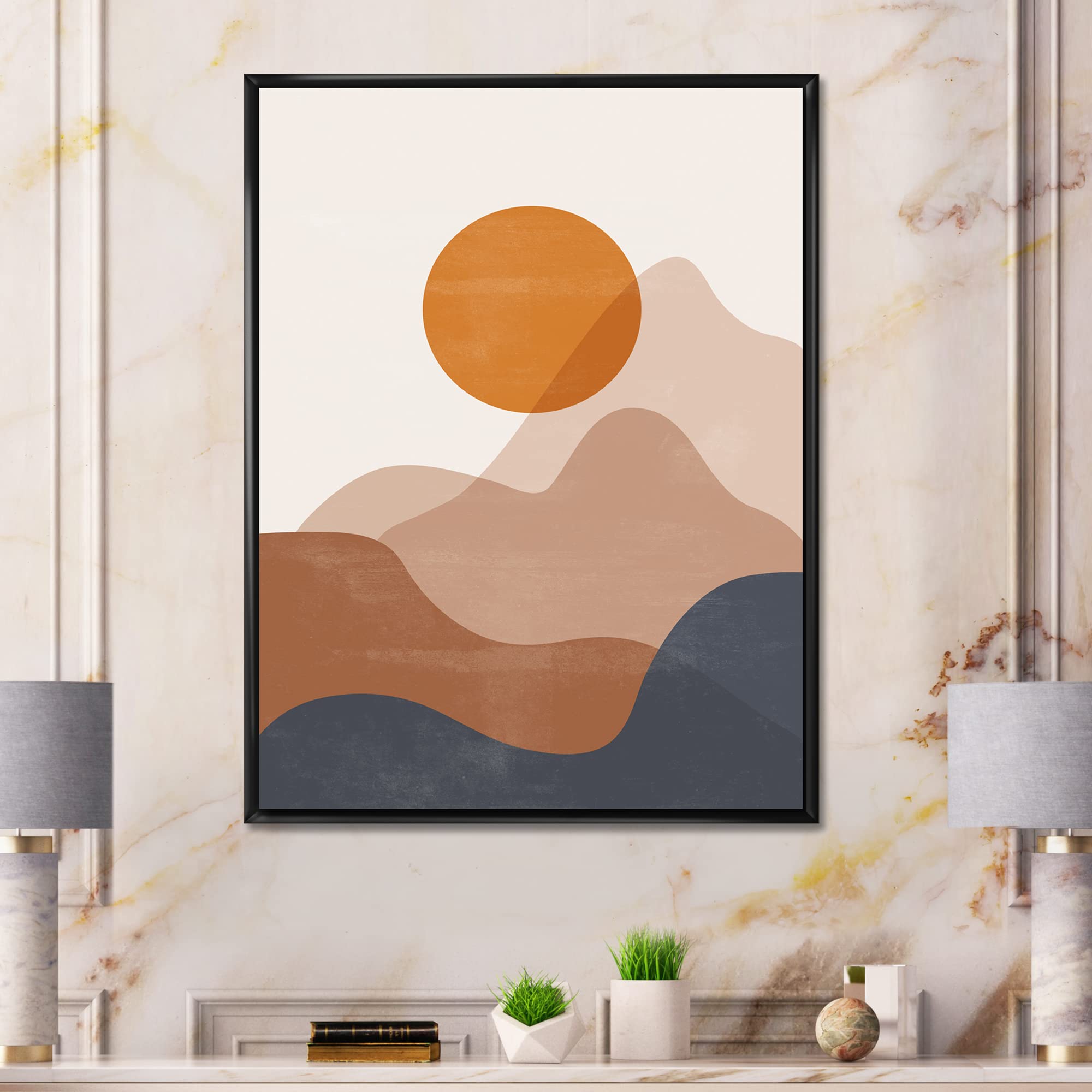 Abstract Red Moon In Earth Toned Mountains II - Modern Framed Canvas Wall Art Print for Living Room, Bedroom & Office Decor