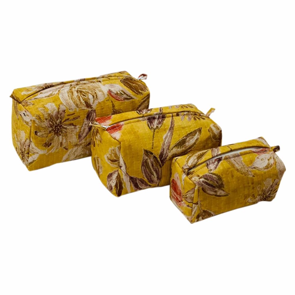 THE CURIO STREET 3-Piece Quilted Cotton Pouch Set for Women | Floral Printed Makeup Bag | Travel Cosmetic & Toiletry Organizer | Perfect for Daily Use, Gifts & Vacation Essentials (Yellow)