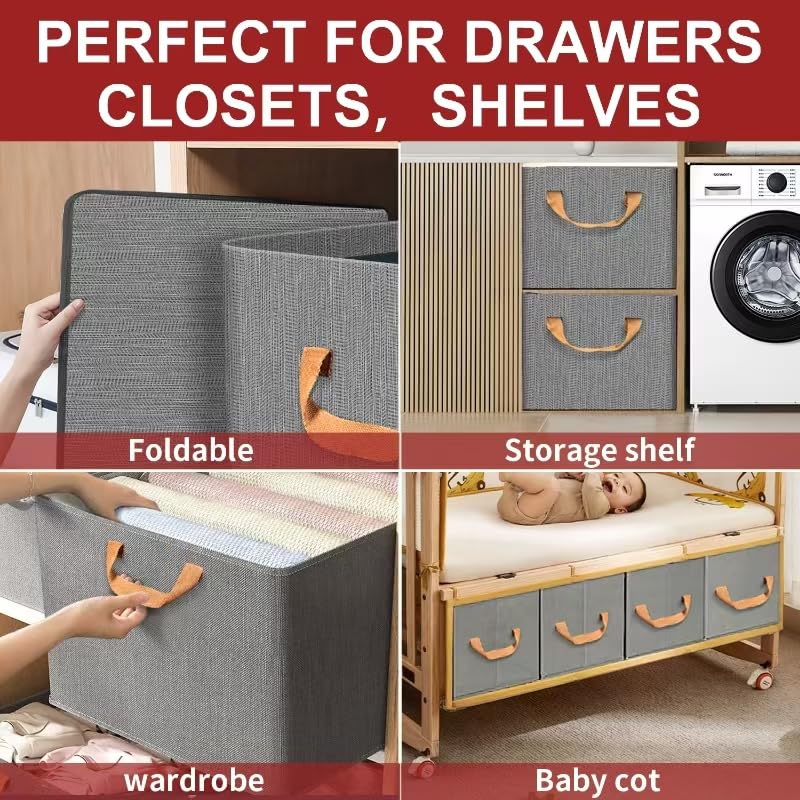 Collapsible Metal Frame Storage Bins - 3 Pcs, Grey for Closet & Wardrobe Organization