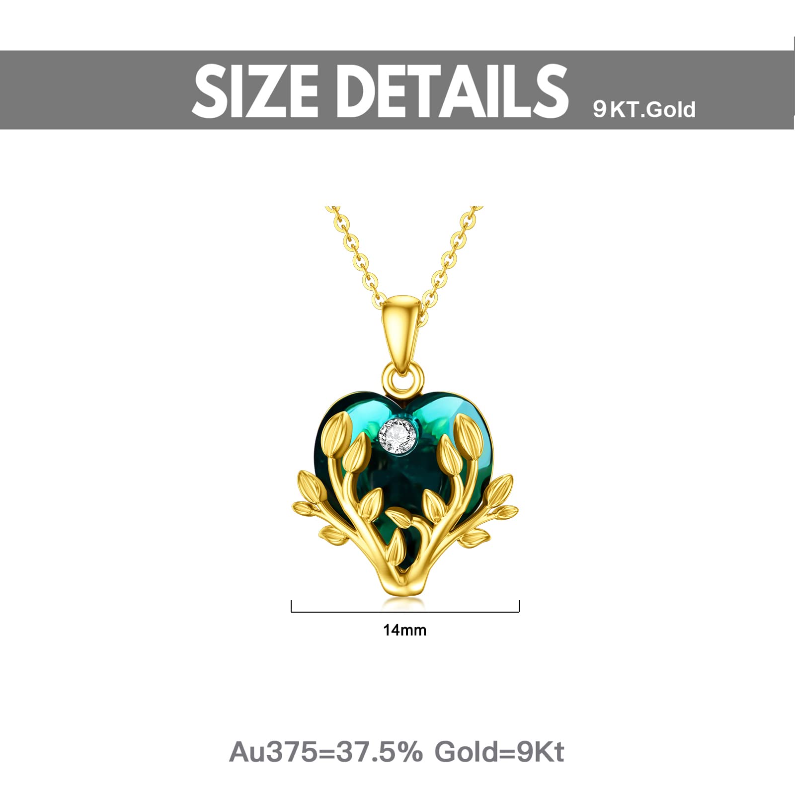 YDD 9ct Real Gold Tree of Life Necklace with Love Heart Crystal Pendant - Dainty Family Jewelry for Women, Perfect Christmas, Mother's Day & Birthday Gift for Her (16+1+1 inch) - Ideal for Special Occasions, Weddings, Anniversaries and Everyday Elegance