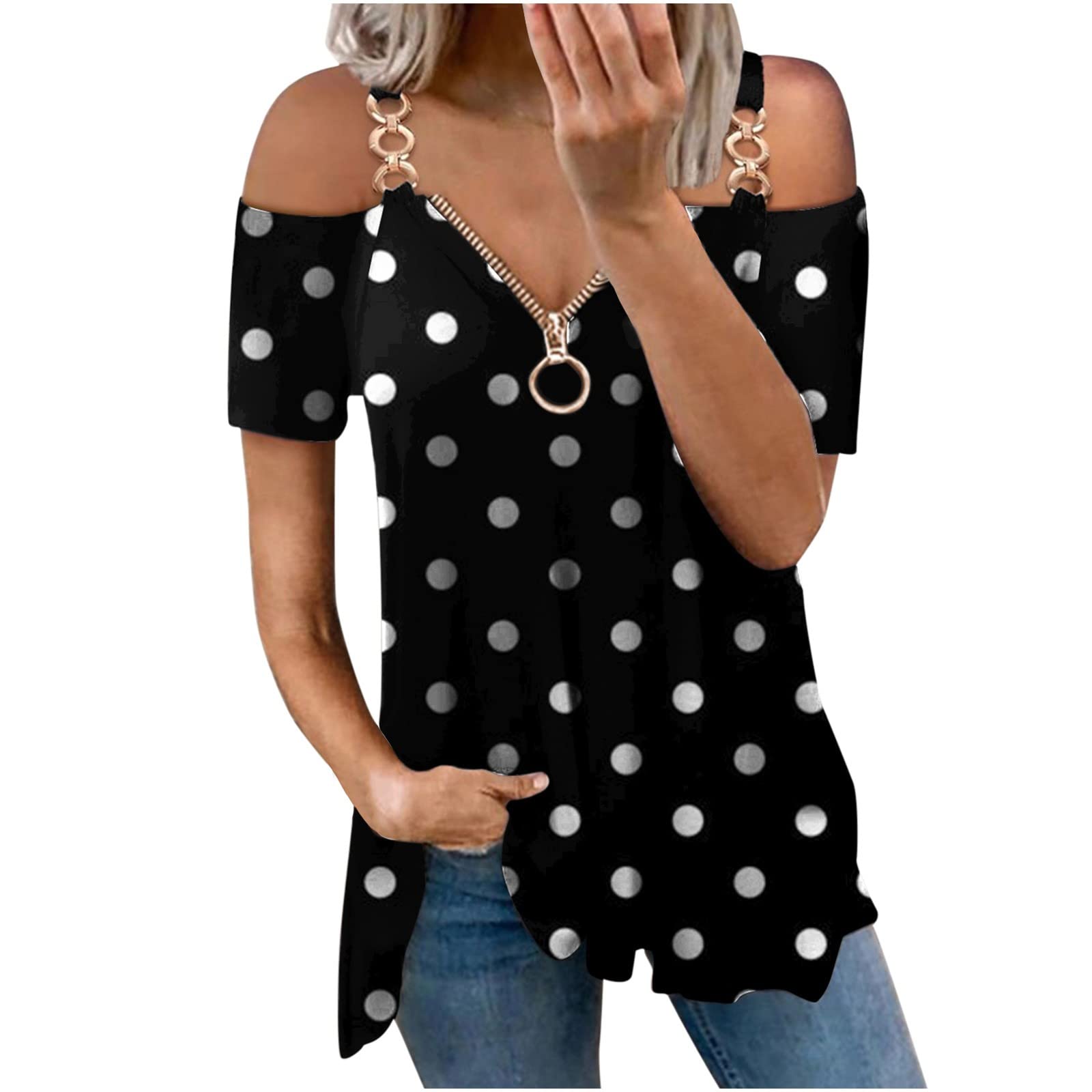 Plus Size Women's Summer Tops - Cute V Neck Zipper Short Sleeve T-Shirts | Off Shoulder Casual Tees for Beach, Vacation & Everyday Wear