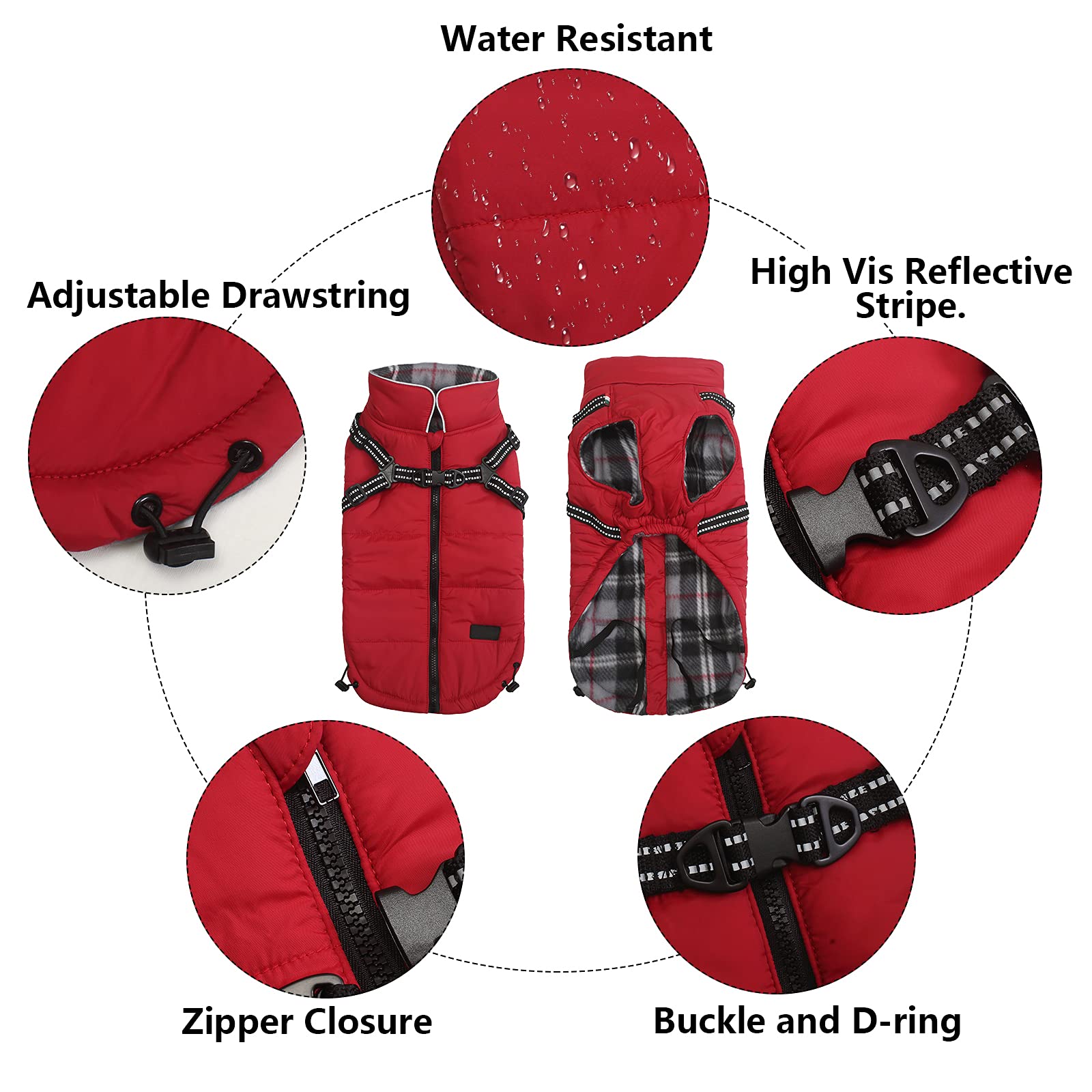 Waterproof Padded Dog Coat with Harness - Winter Warm Puppy Jacket for Small & Medium Breeds (Red, Large) - Perfect for Halloween, Christmas & Outdoor Adventures