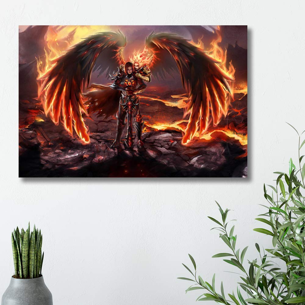 Angel and Dragon Canvas Wall Art - 32x48 Inch Framed Painting Print for Bedroom, Living Room Decor | Mythical Fantasy Home Decor | Perfect for Gothic, Medieval or Fantasy Themed Interiors