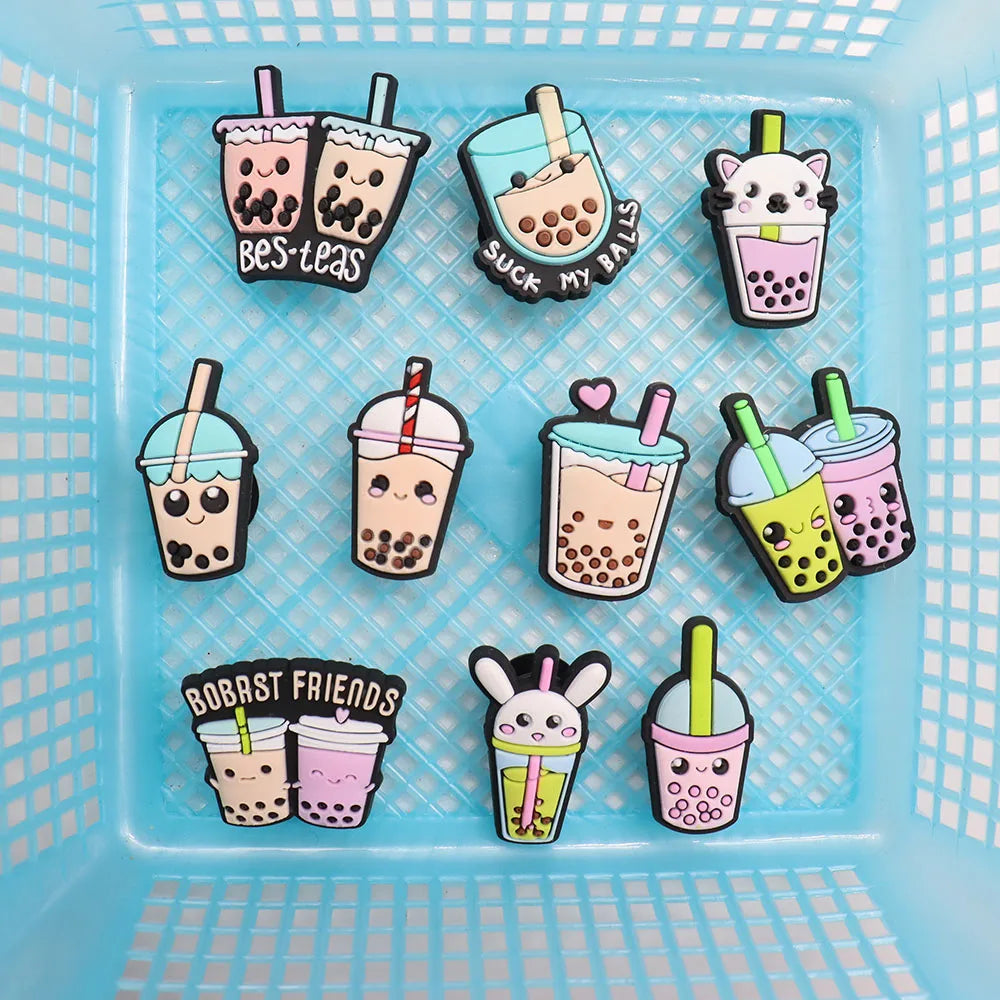 1PCS PVC Shoe Charms - Cute Bubble Tea Drink Rabbit Heart Sandals Decoration for Wristbands & Slippers | Fun Accessories for Kids, Girls Gift Ideas | Perfect for DIY Crafts, Party Favors & Fashion Styling