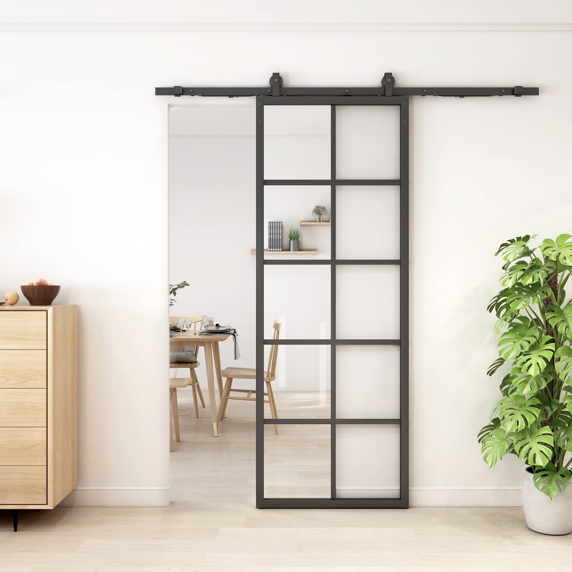JUBEST 30x84 Inch DIY Glass Sliding Barn Door - Modern French Style with 5-Lite Clear Tempered Glass & Aluminum Frame - Easy Assembly for Closet, Kitchen, Bedroom, Office, and Home Renovation Projects