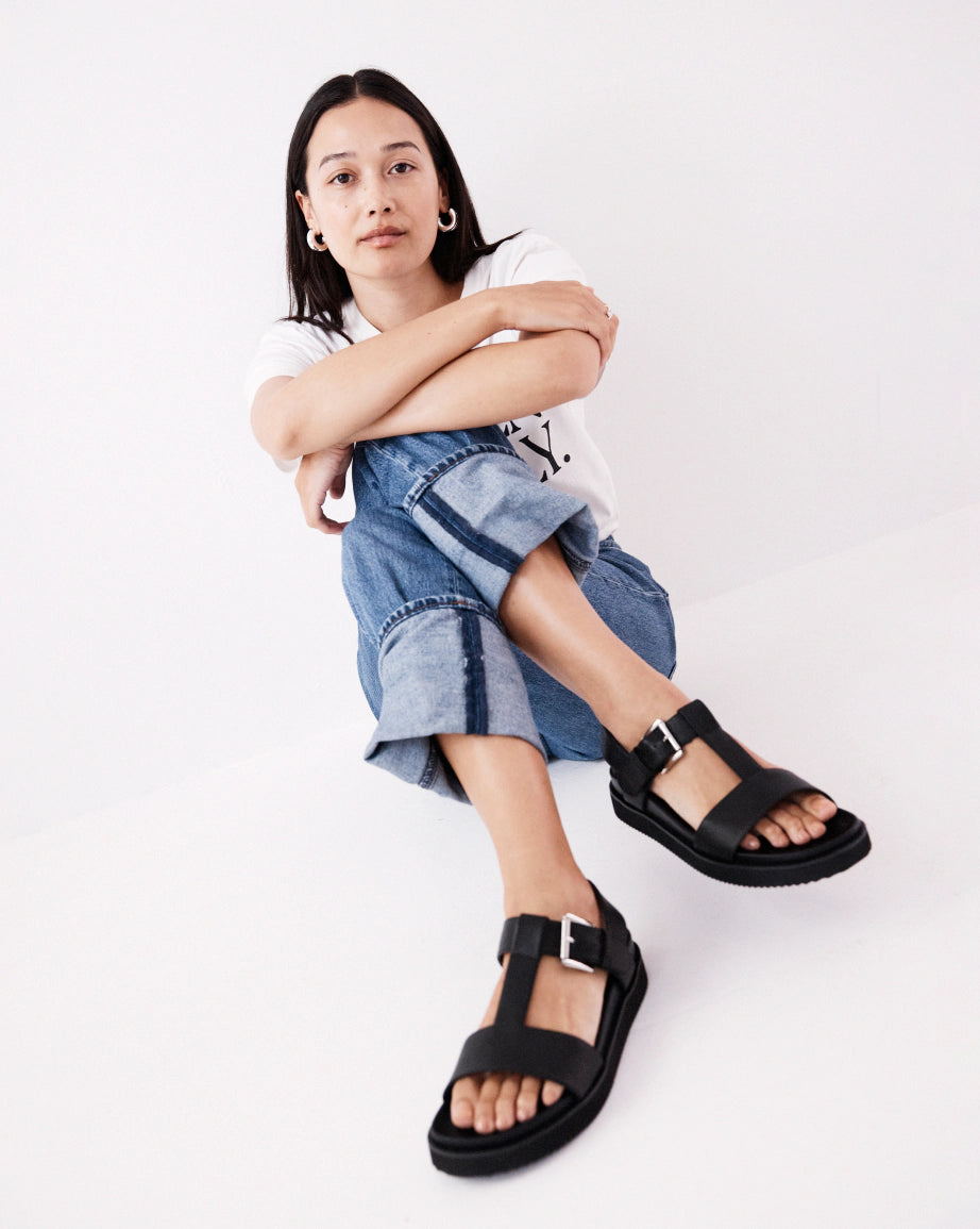 Declaration 2.0 Leather T-Bar Wedge Sandals in Black | Women's Comfortable Chunky Heel Shoes for Work, Party & Everyday Wear