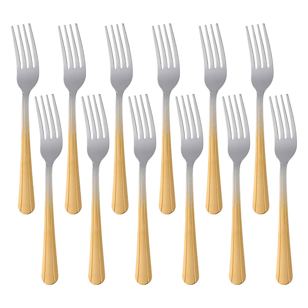 QIBOMOON 12-Piece Stainless Steel Dinner Fork Set - 7 Inch Flatware Silverware Cutlery Utensils for Home, Restaurant & Party - Dishwasher Safe Gradient Gold Finish - Perfect for Fine Dining, Wedding & Holiday Gatherings