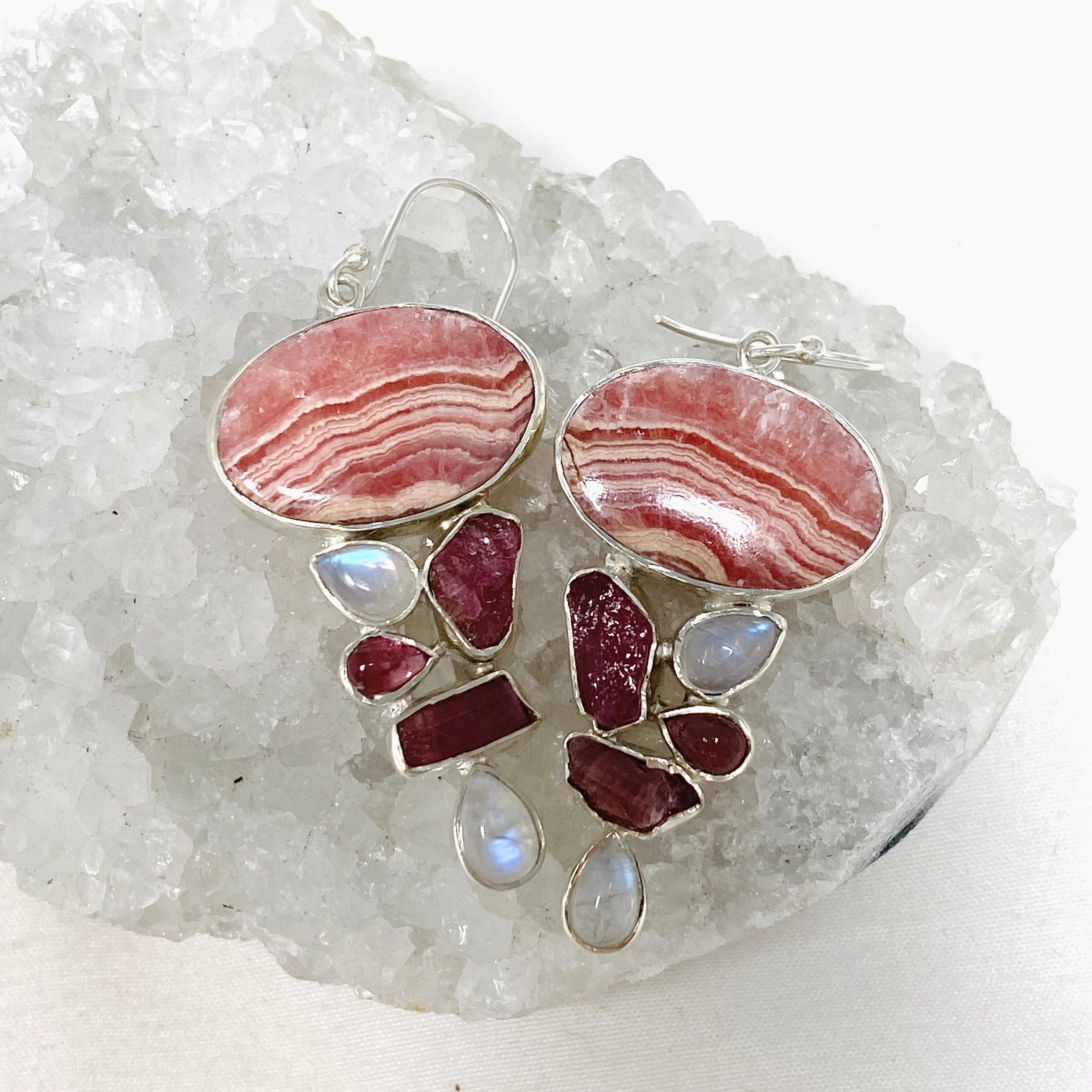 Rhodochrosite Moonstone Pink Tourmaline Multistone Dangle Earrings KEGJ1464 - Elegant Gemstone Jewelry for Women, Perfect for Weddings & Special Occasions