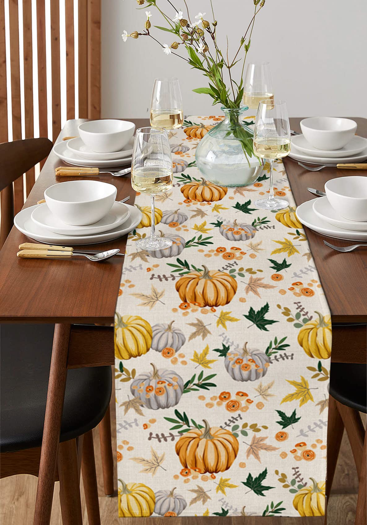 72 Inch Cotton Linen Table Runner - Thanksgiving & Fall Farmhouse Decor for Dining Table, Coffee Table, Dresser | Rustic Burlap with Pumpkin & Maple Leaf Design | Perfect for Wedding, Party & Home Decoration