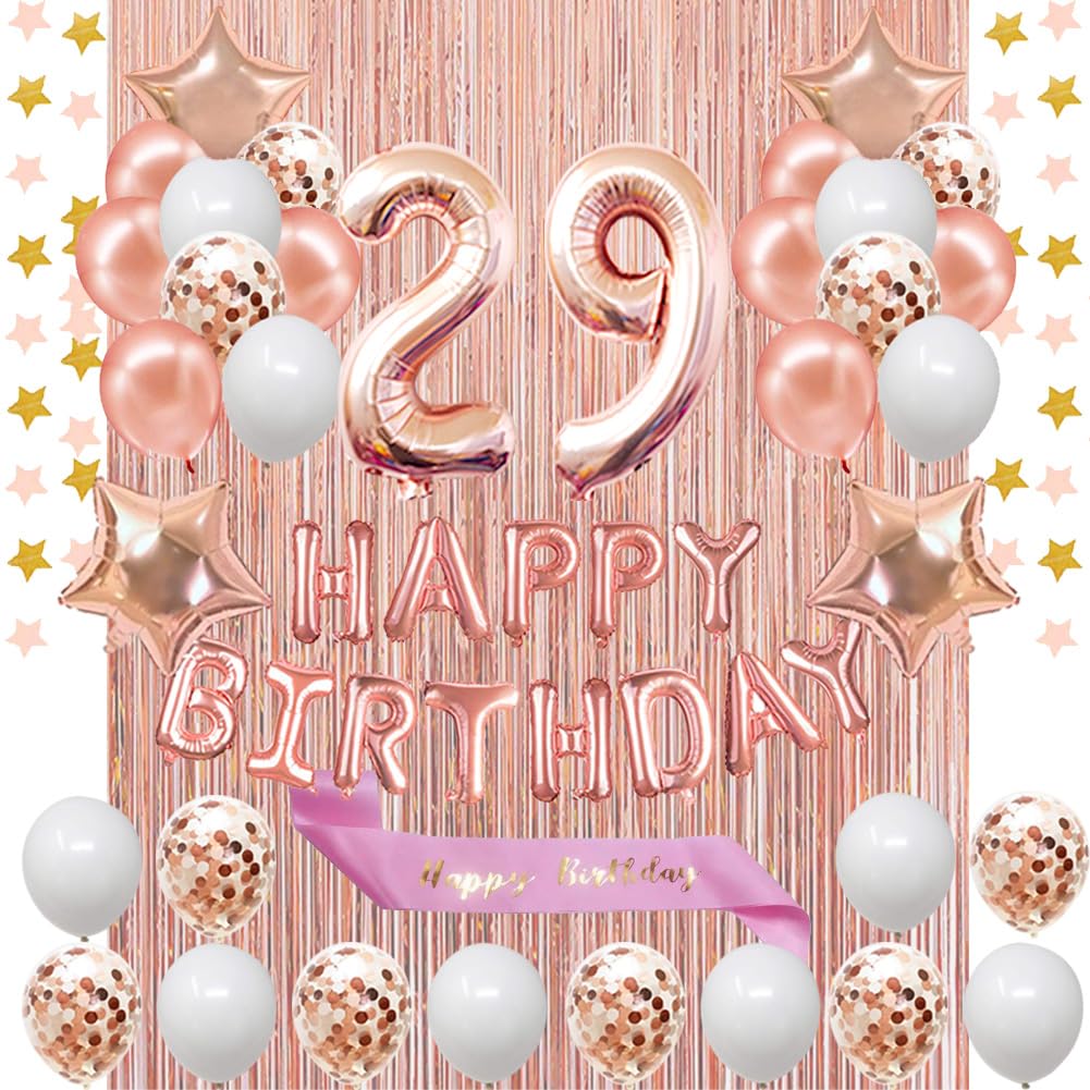 29th Birthday Decorations Set - Rose Gold Happy Birthday Banner, Sash & Number 29 Balloons with Confetti | Perfect for Women's 29th Birthday Party Decor | Ideal for Home, Office & Celebration Decorations
