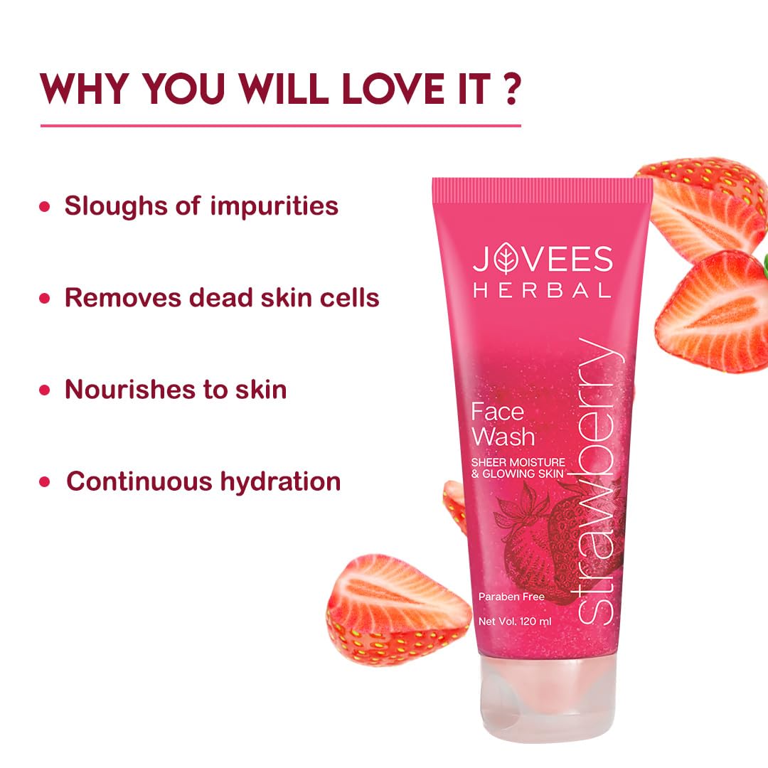 Jovees Herbal Strawberry Face Wash for Hydrated & Glowing Skin with Strawberry Extract | Gentle Cleanser Brightens Skin & Reduces Pigmentation | For Normal to Dry Skin - 120ml | Perfect for Daily Skincare Routine & Morning/Evening Face Cleansing