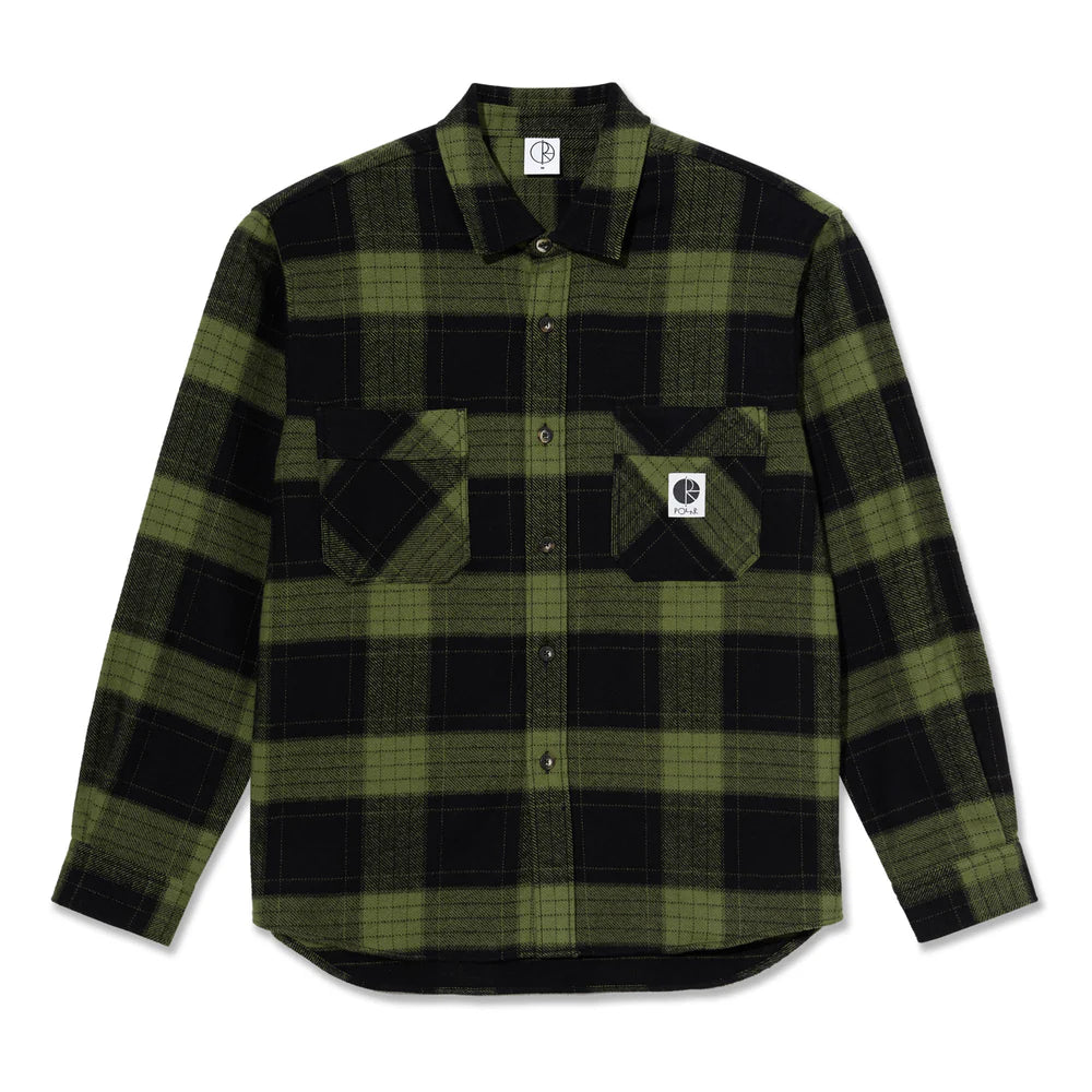 Polar Mike Long Sleeve Flannel Shirt for Men - Black & Army Green Plaid - Warm Winter Casual Wear for Outdoor Activities & Work