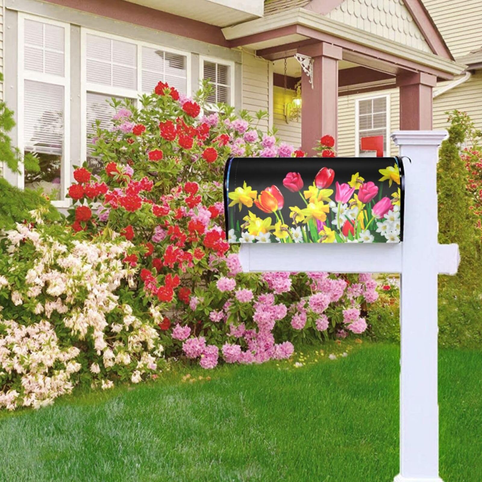 Waterproof Magnetic Mailbox Cover with Tulips Daffodils Daisy Floral Design - 21x18 Inch Spring Summer Decorative Mail Wrap for Outdoor Garden & Front Yard Decor