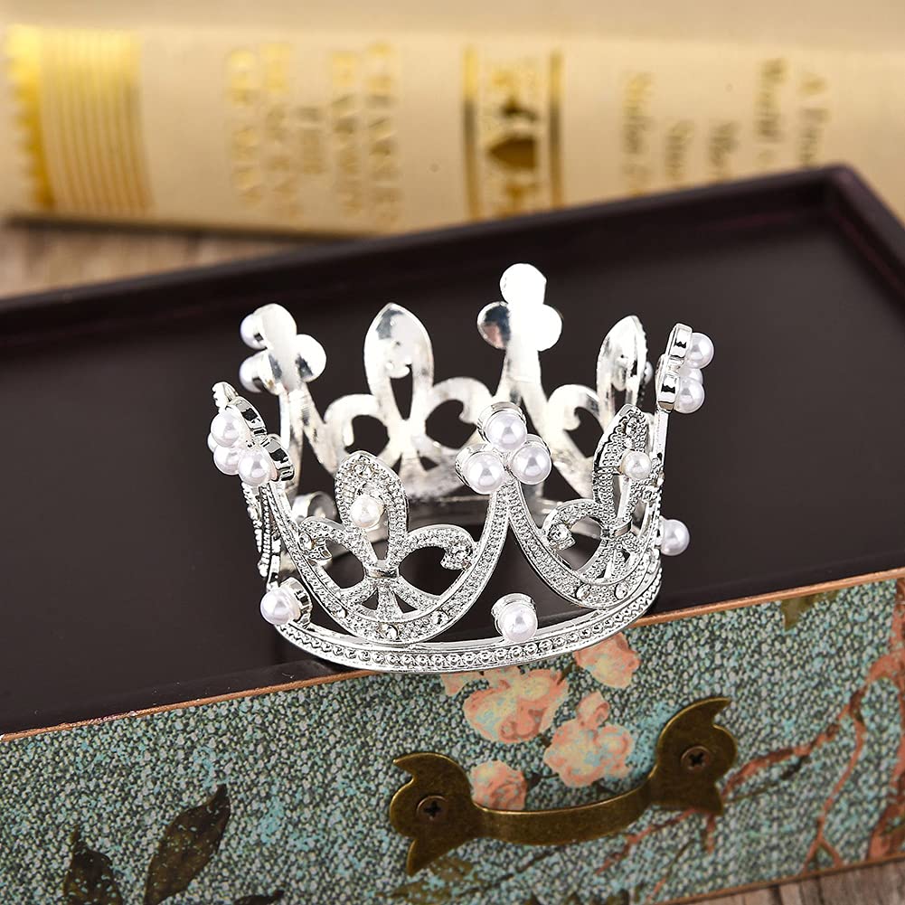 2 Pcs Mini Princess Pearl Crown Tiara Cake Toppers - Elegant Silver Cupcake Decorations for Baby Showers, Birthday Parties, Bridal & Wedding Celebrations - Perfect for Princess-Themed Events and Dessert Displays