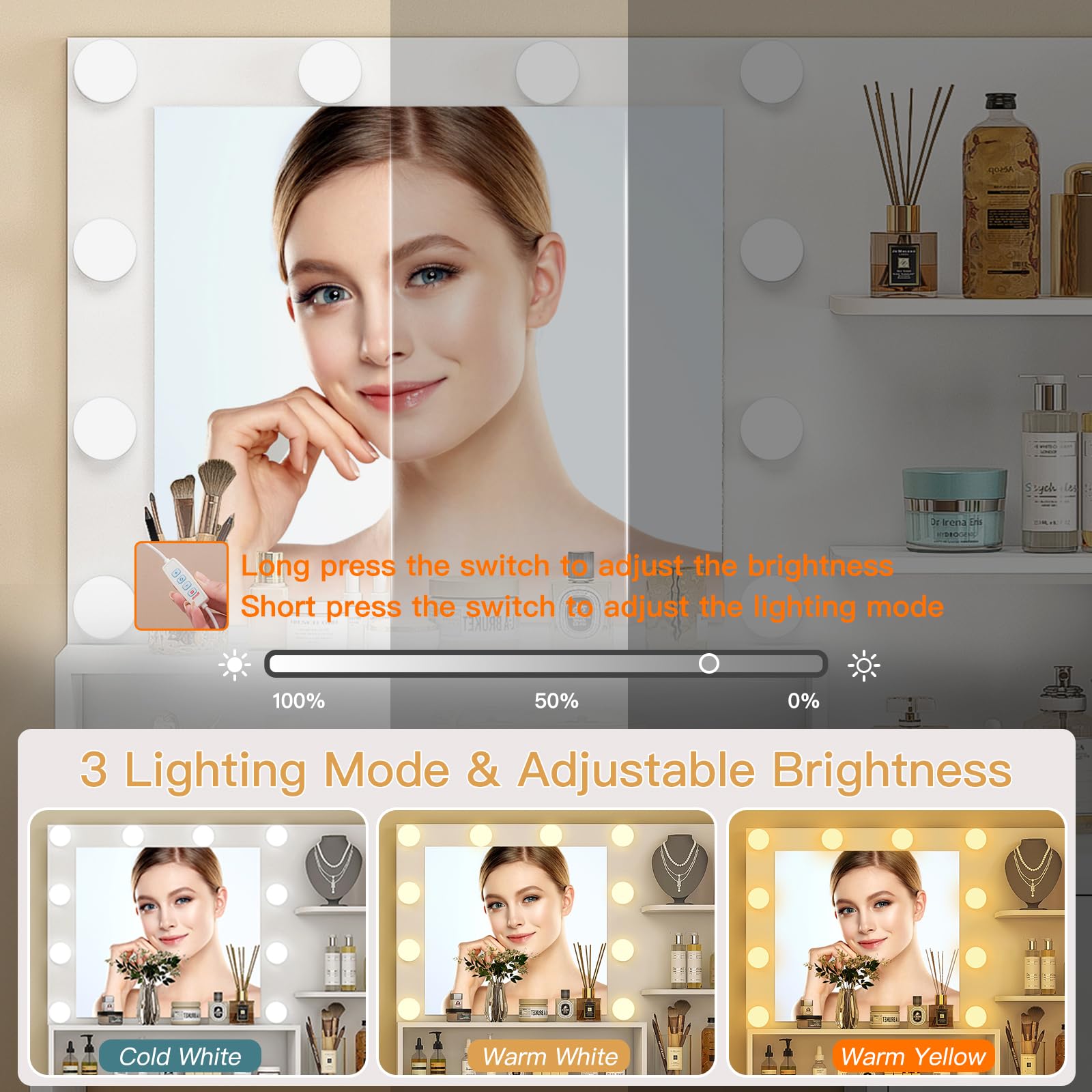 Quimoo Vanity Desk with Mirror & Lights - 3 Colors, Adjustable Brightness for Bedroom Makeup